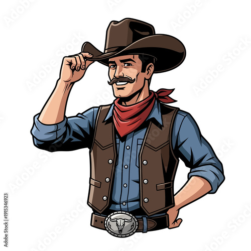 A friendly cowboy tipping his hat with a mustache and a red bandana around his neck.