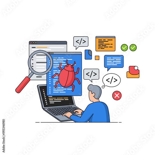 Programmer debugging code on a laptop, identifying a software bug with a magnifying glass and error symbols.