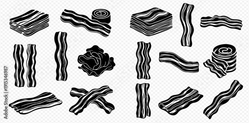 Set of raw bacon strips and slices, pork meat for breakfast, isolated on transparent background.