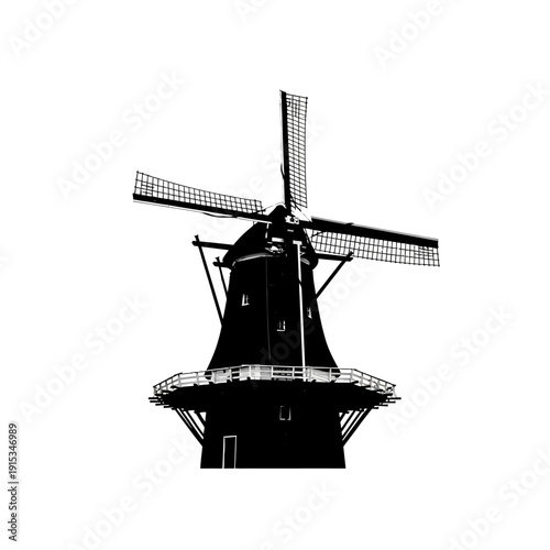 Silhouette of a traditional Dutch windmill with rotating blades against a white background.