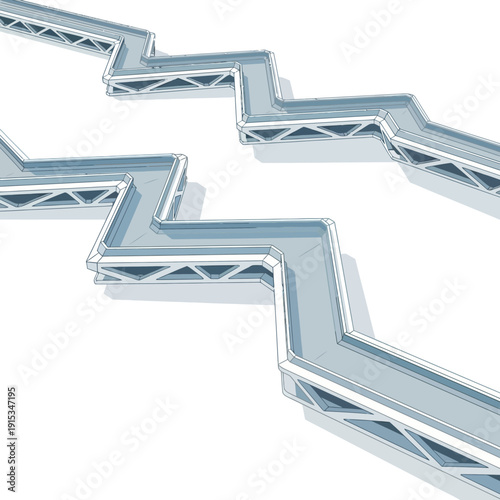 Abstract zigzag industrial pipeline structure against a white background, representing flow and connection.