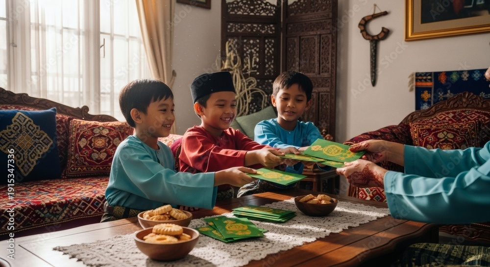 Obraz premium Children receiving gift envelopes during Eid al-Fitr in Kuala Lumpur, Malaysia home interior, warm natural daylight, authentic Malay decor.