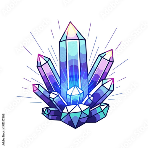A cluster of vibrant, glowing crystals radiating light and energy, depicted in a stylized illustration.