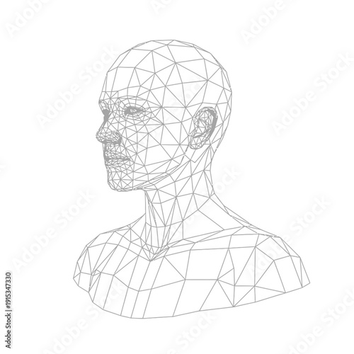 Wireframe 3D model of a human head and shoulders, representing technology and artificial intelligence.