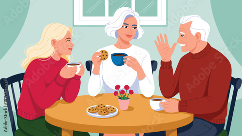 Senior friends enjoying coffee together at table, elderly people socializing indoors, warm conversation and friendship concept illustration