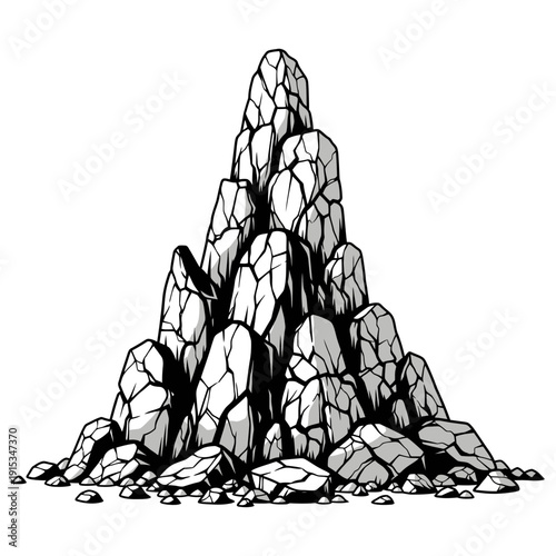 A stylized illustration of a rocky mountain peak composed of many sharp, angular stones and boulders.