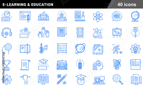 Educational Blue Line Icon Pack 40 Monoline E Learning Symbols for Academic Milestones and Knowledge Management Systems