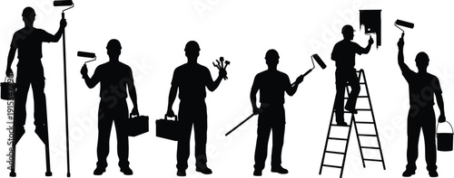 Black Silhouettes of Professional Painters and Construction Workers Using Paint Rollers Ladders and Toolboxes for Home Renovation and Building Maintenance Projects on White.