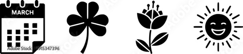 March Spring Icons Including a Monthly Calendar, Shamrock, Blooming Flower, and a Smiling Sunshine Face.