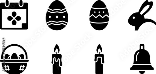 Easter Icons Featuring Minimalist Black and White Designs of Eggs, Bunnies, Candles, and Holiday Symbols.