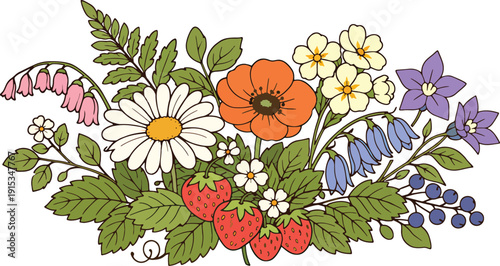 Wildflower Bouquet with Strawberry and Leaves Vector Illustration, Hand Drawn Botanical Floral Clipart
