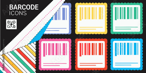Colorful barcode icons displayed on a dark background with diagonal stripes