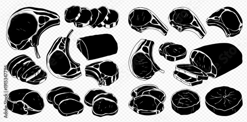 Set of various meat cuts including steaks, chops, and roasts, in a detailed black and white illustration style.
