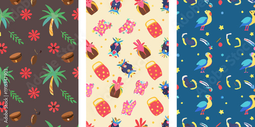 Tropical pattern designs featuring fruits birds and lush foliage