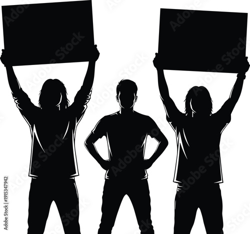 Silhouette of Three Young Men Standing Together with Two People Holding Up Blank Signs or Placards for Protest Message and Activism Concept on White.