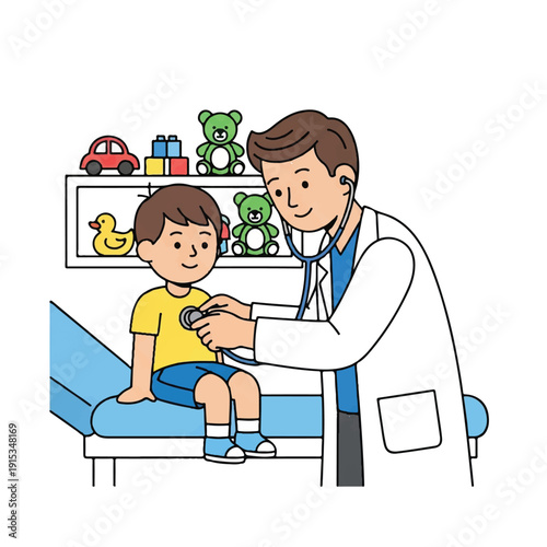 A male doctor examining a young boy on a medical examination table with toys in the background in a pediatric clinic with a friendly mood.