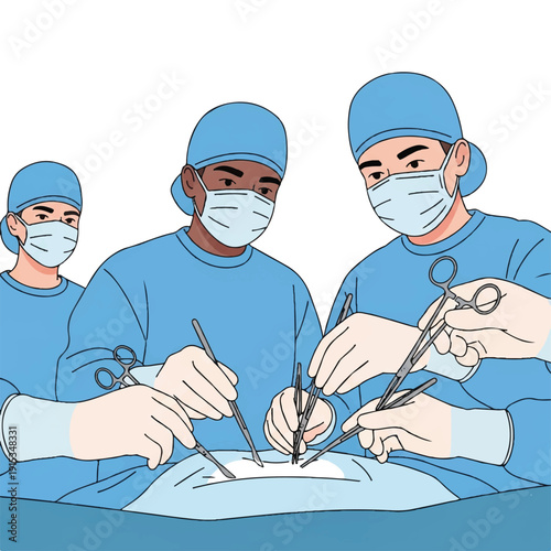Three surgeons in blue scrubs and masks performing surgery with medical instruments on a patient on an operating table.