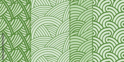 Abstract green patterns overlapping lines and wave like designs
