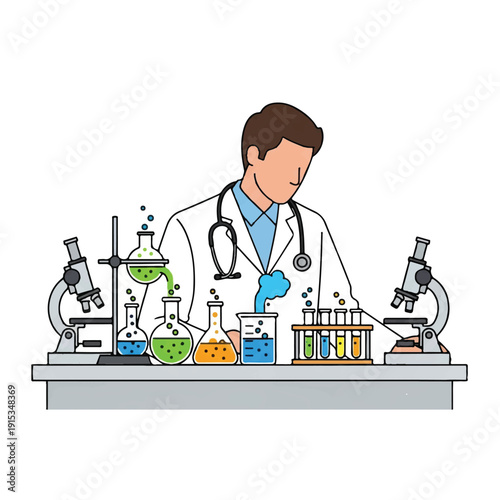 A scientist in a white lab coat working with various laboratory equipment and colorful liquids in a lab setting with a clean white background.