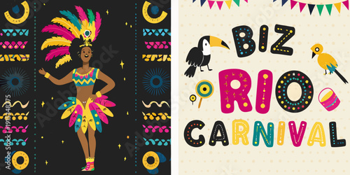 A vibrant illustration depicting a brazilian carnival dancer and festive elements