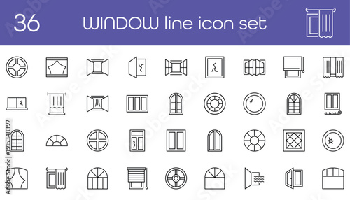 Window line icon set with different shapes and styles. Outline home windows isolated on black background. Collection for architecture design construction app interface and web use.
