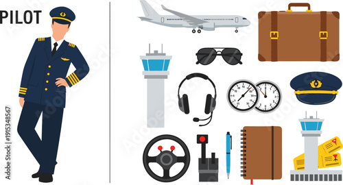 Commercial airline pilot character in uniform with aviation icons including airplane control tower headset suitcase sunglasses and flight instruments for travel industry vector.