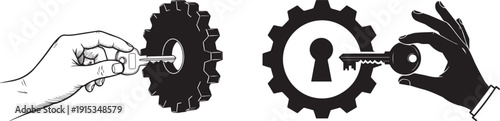 A hand inserting a key into a gear to unlock a mechanism vector silhouette