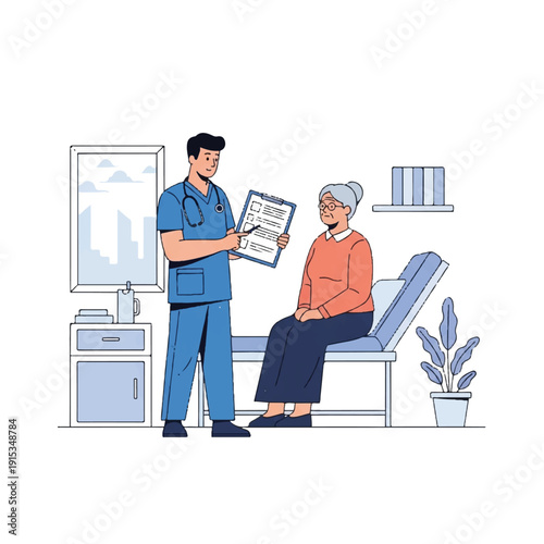 A male doctor in blue scrubs discusses a medical chart with a senior woman in an examination room with a plant and city view.