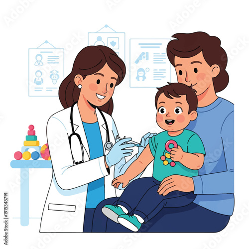 A female doctor in a white coat administering a bandage to a young boy on a man's lap in a pediatric office with a playful atmosphere and colorful toys.