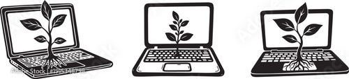 This image features three laptops with green plants growing out of them, symbolizing the harmony between technology and nature vector silhouette