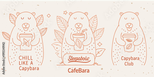 Three capybaras enjoying beverages in a charming illustrated design