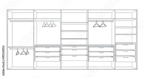 Modern Closet Wardrobe Vector with Shelves and Drawers for Interior Design