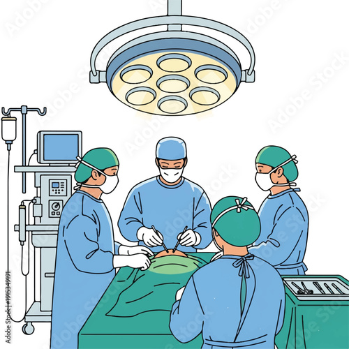 Illustration of surgical team performing operation in hospital with medical equipment and green surgical drapes.