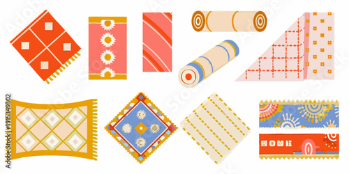 Collection of colorful patterned rugs and textile designs in flat style