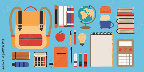 School supplies arranged in a colorful flat lay composition