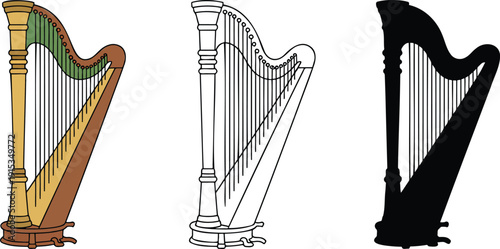 Harp silhouette & Outline and illustration set isolated on transparent background