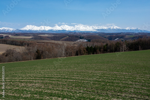 春の丘陵畑作地帯と残雪の山並み　十勝岳連峰
