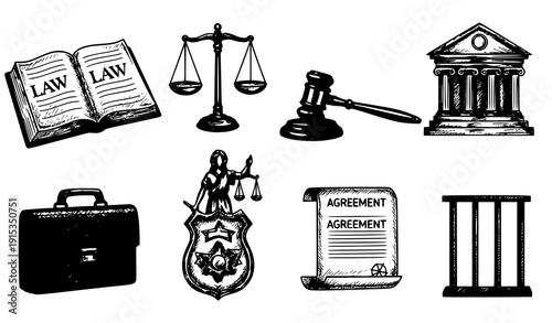Sketch Style Legal Icons Collection – Hand Drawn Law Symbols Vector Illustration