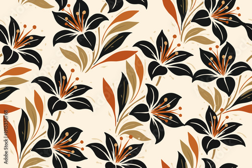 Stylish seamless floral pattern with bold black blossoms and warm earthy leaves on a soft beige background, ideal for modern textiles and chic surface design.
