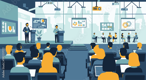 Conference keynote and panel discussion in a modern auditorium