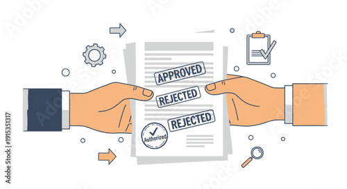 Two hands exchanging documents with approved and rejected stamps