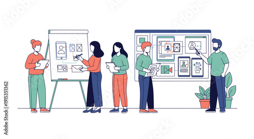 Team of professionals presenting and discussing design boards in a collaborative workshop