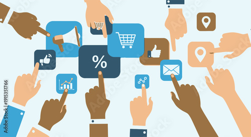 Multiple hands pointing and interacting with social media and e-commerce icons