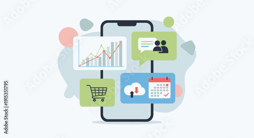 Smartphone with data analytics, chat, shopping cart, cloud download, and calendar widgets