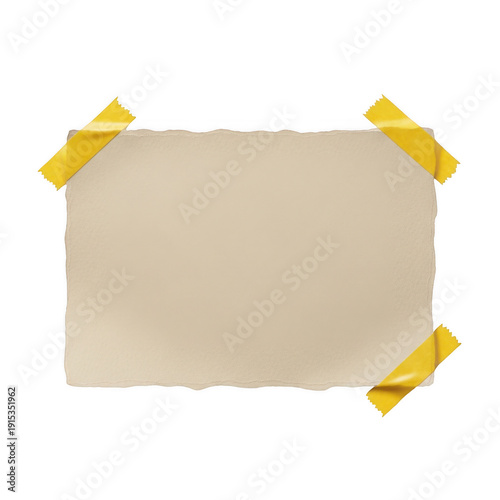 A blank piece of paper taped to a white background with torn edges and yellow tape.