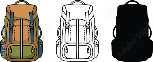 Hiking backpack silhouette & Outline and illustration set isolated on transparent background