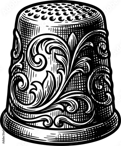 Detailed vintage thimble with ornate floral engraving. A classic sewing tool representing needlework and traditional crafts.