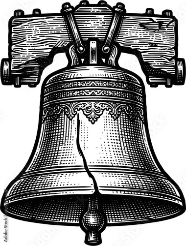 A detailed black and white engraving of a historic bell, featuring its iconic crack, ornate details, and a wooden yoke structure. The illustration highlights its historical significance.