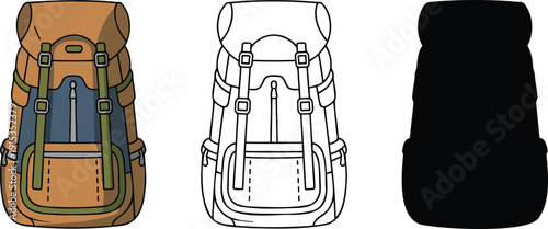 Hiking backpack silhouette & Outline and illustration set isolated on transparent background