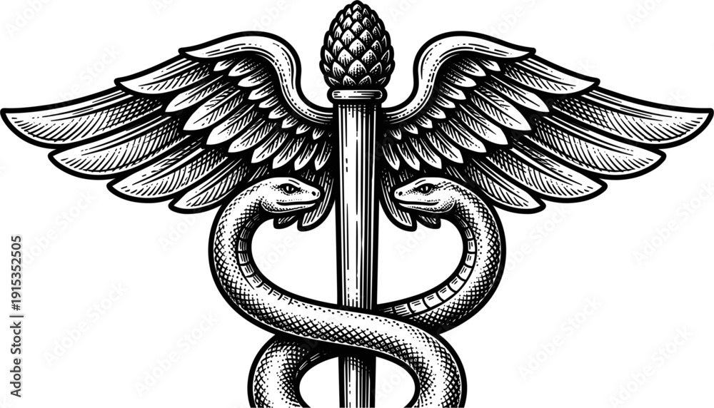 Obraz premium The Caduceus symbol, a winged staff entwined by two snakes, representing medical healthcare. Vector illustration on a white background.